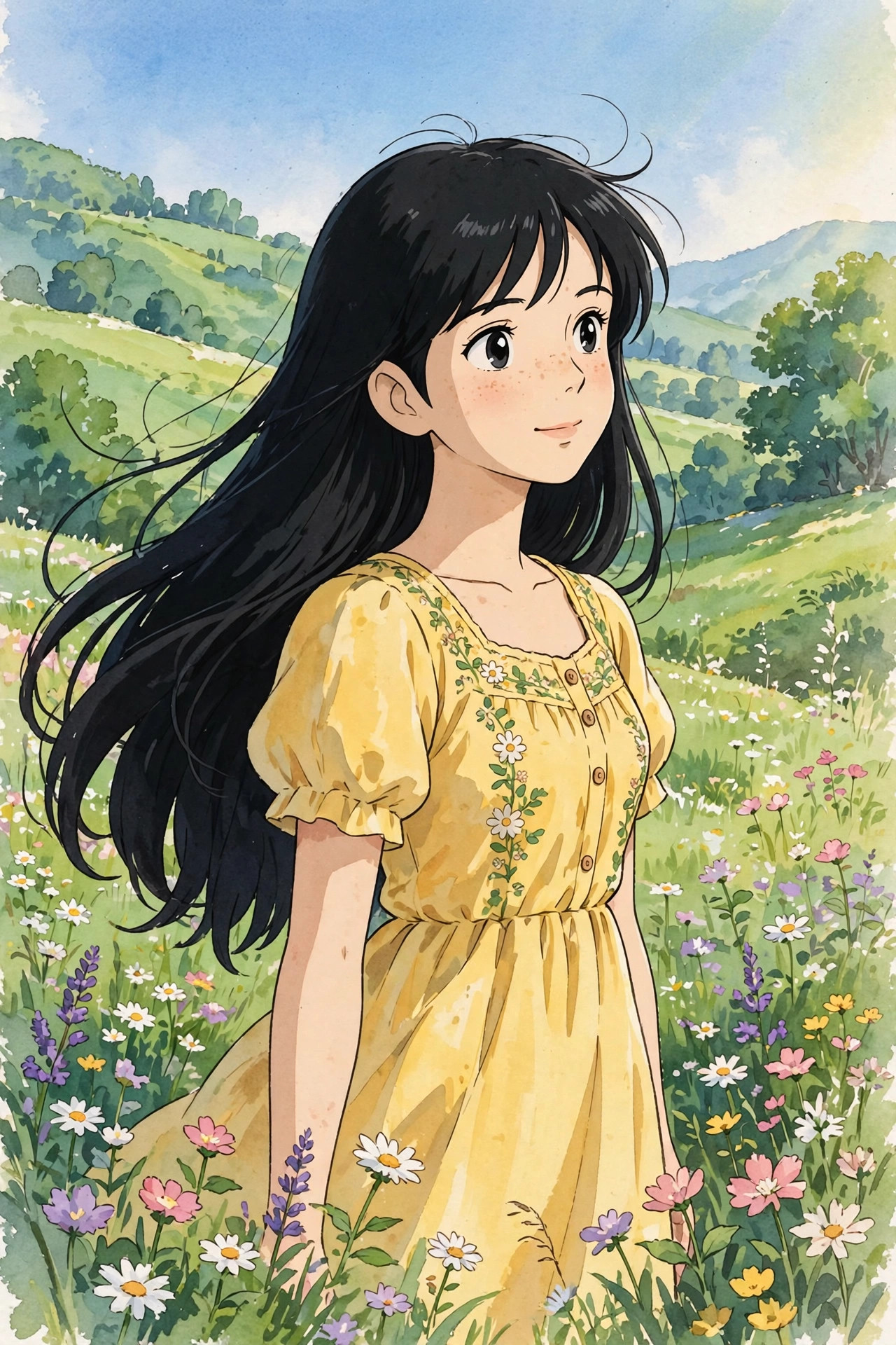 Studio Ghibli style AI anime portrait of a woman in a flower meadow
