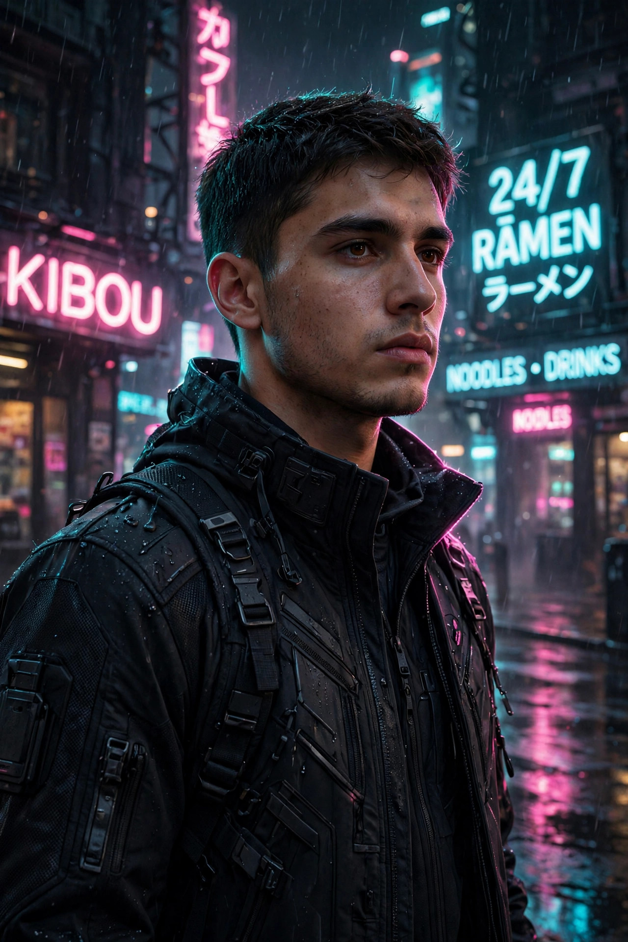 Cyberpunk neon AI portrait on a rainy futuristic street at night