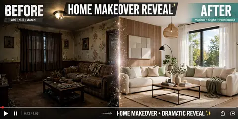 Home makeover before after AI video still